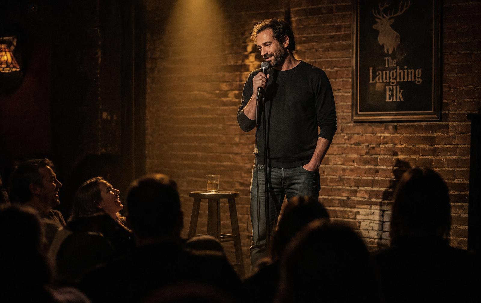 Comedian performing on a brick-wall comedy club stage